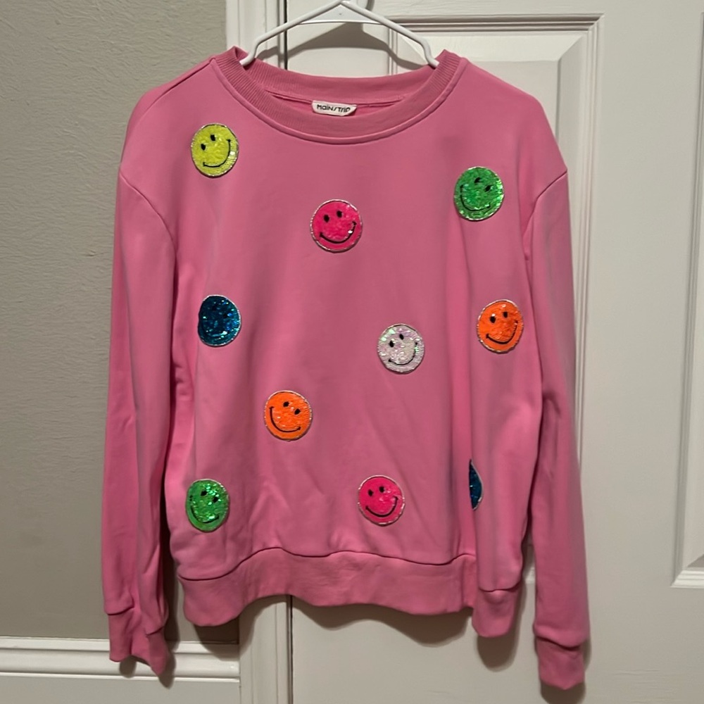 Women’s Size Small Pink Colorful Sequin Smiley Face Sweatshirt